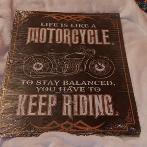 Motorcycle Metal Sign in black, white & orange 16" x 12.5"